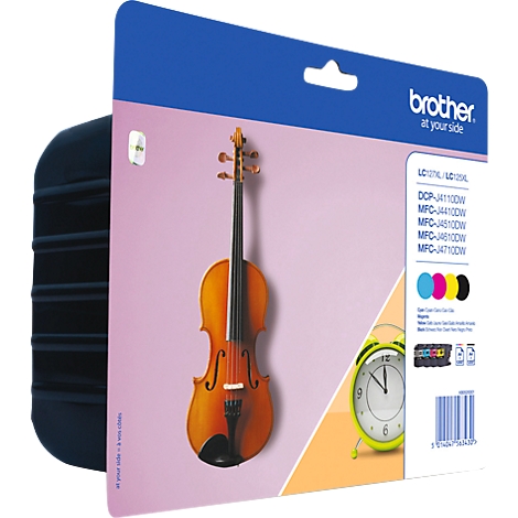 Emballage de cartouche d'encre avec un violon et une horloge verte sur fond rose, avec le logo "brother".