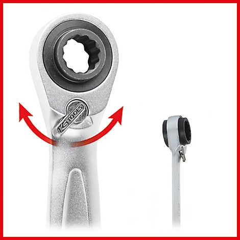 Detailaufnahme einer Ratsche mit Pfeilen, die die Drehrichtung anzeigen.