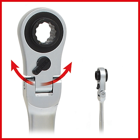 Nahaufnahme eines silbernen Ratschenschlüssels. Rote Pfeile zeigen die Drehrichtung an.