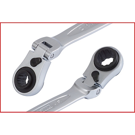 Zwei silberne Ratschenschlüssel, teilweise abgebildet, mit schwarzem Drehknopf und Kopf, auf rotem Hintergrund.