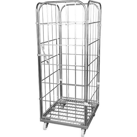 Metal roll container. Grid structure, with castors and handle bars. The sides can be closed with doors.