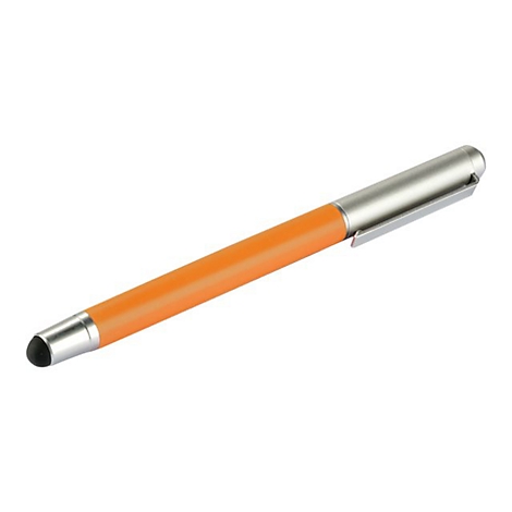 Orangefarbener Kugelschreiber mit silberner Kappe und schwarzer Eingabespitze auf weißem Grund.
