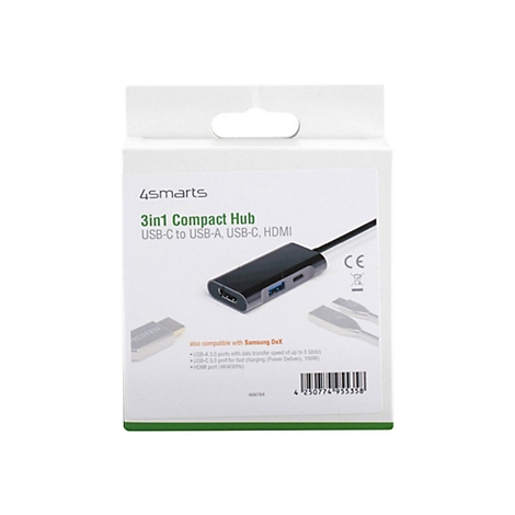 Ein 3in1 Compact Hub von 4smarts in einer weißen Verpackung. Das Produkt hat USB-C, USB-A und HDMI Anschlüsse.