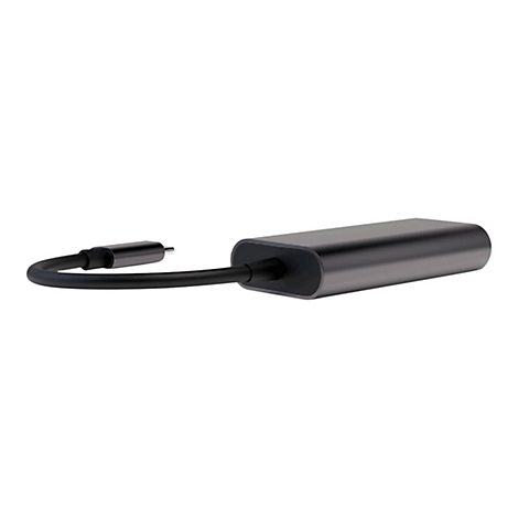 Grauer USB-C-Adapter mit schwarzem Kabel auf weißem Hintergrund.