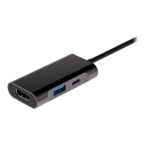 Schwarzer USB-C-Adapter mit HDMI- und USB-Anschlüssen; ein schwarzes Kabel führt weg.