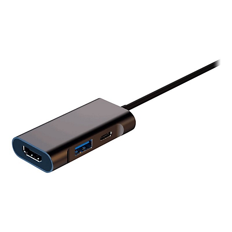 Grauer, rechteckiger USB-C-Adapter mit HDMI- und USB-Anschlüssen. Schwarzes Kabel ist angeschlossen.