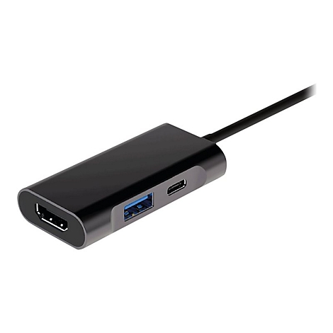 Ein schwarzer USB-C-Hub mit HDMI-, USB- und USB-C-Anschlüssen; ein Kabel führt ab.
