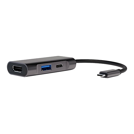 Grauer USB-C-Hub mit HDMI, USB 3.0 und USB-C-Anschlüssen, schwarzes Kabel mit Stecker.