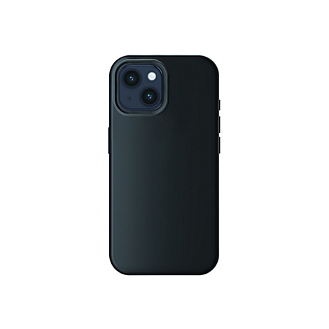 Schwarzes Smartphone mit Schutzhülle vor neutralem weißem Hintergrund.