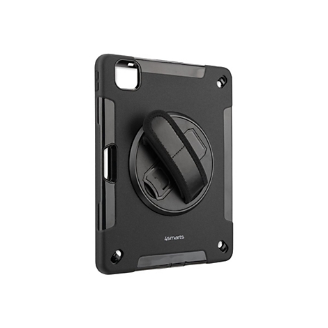 Schwarze 4smarts Schutzhülle für Tablets mit integriertem Drehmechanismus und Handschlaufe auf der Rückseite.