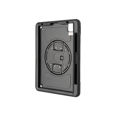 Schwarze, robuste Tablet-Schutzhülle mit integriertem Drehmechanismus auf der Rückseite vor weißem Hintergrund.