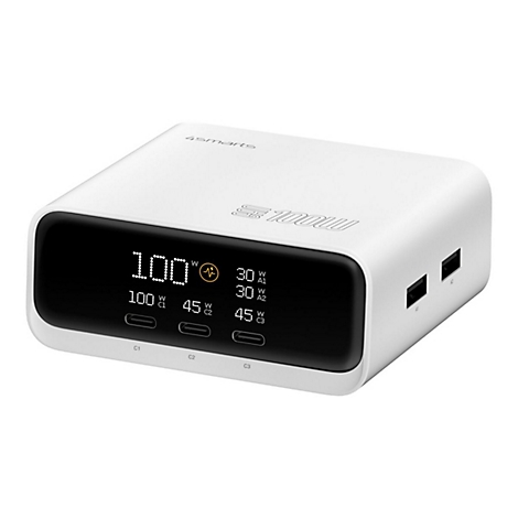 Weißes Multi-Port USB-Ladegerät von 4smarts mit Displayanzeige für Ladeleistung in Watt vor weißem Hintergrund.