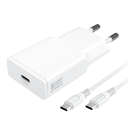 Weißes 20W USB-C Netzteil mit 4smarts Logo und passendem USB-C auf USB-C Ladekabel.