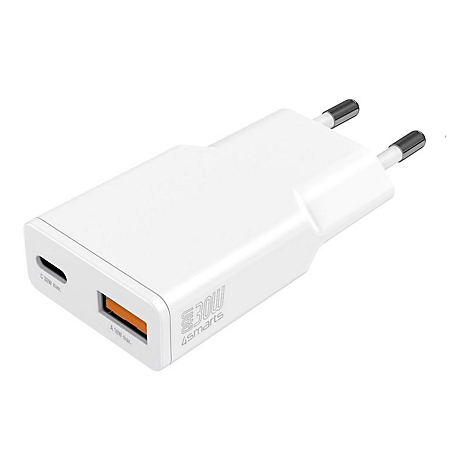 Weißer 4smarts GaN-Netzstecker mit USB-C und USB-A Anschluss auf weißem Hintergrund.