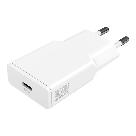 Weißes 4smarts GaN-Netzteil mit 30 Watt Leistung und USB-C-Anschluss vor neutralem Hintergrund.