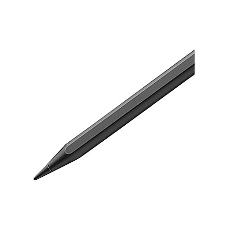 Nahaufnahme der schwarzen Spitze eines Eingabestifts für Tablets vor weißem Hintergrund.
