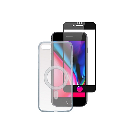 Transparentes MagSafe Handy-Case mit schwarzem Displayschutzglas vor einem Smartphone.