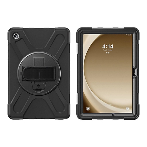 Schwarze Schutzhülle für Tablets mit Handgriff auf der Rückseite und Displayansicht.