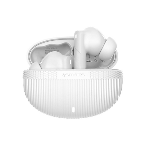 Weiße 4smarts In-Ear-Kopfhörer in einem halb geöffneten, geriffelten Ladecase vor weißem Hintergrund.