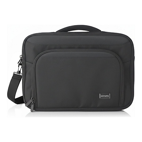Schwarze 4smarts Laptoptasche mit Tragegriff und verstellbarem Schultergurt vor weißem Hintergrund.