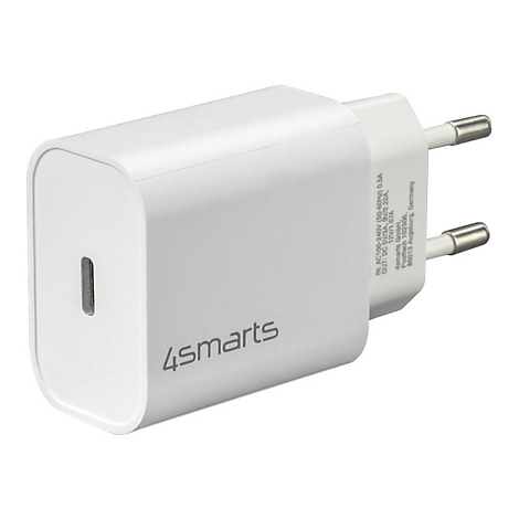 Weißes USB-C Netzteil von 4smarts mit EU-Stecker vor weißem Hintergrund.