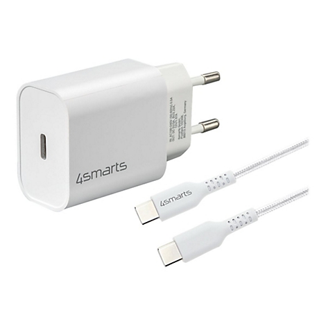 Weißes 4smarts USB-C Netzteil mit passendem USB-C Ladekabel vor neutralem Hintergrund.