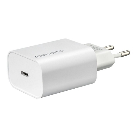 Weißer 4smarts USB-C Wandstecker mit EU-Stecker vor neutralem Hintergrund.