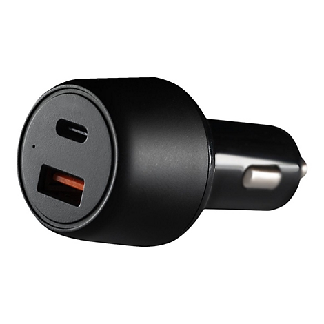 Schwarzes Auto-Ladegerät mit USB-C und USB-A Anschlüssen vor weißem Hintergrund.