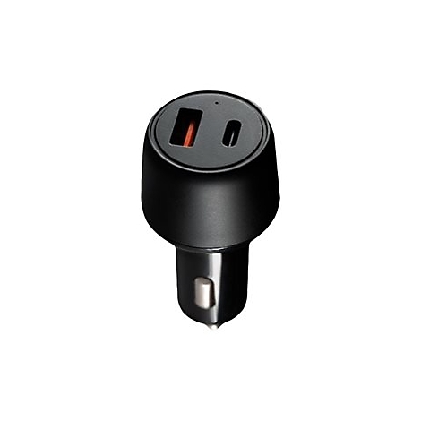 Schwarzer Kfz-Ladestecker mit einem USB-A- und einem USB-C-Anschluss vor weißem Hintergrund.