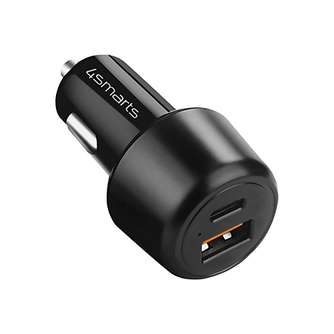 Schwarzer 4smarts Auto-Ladestecker für den Zigarettenanzünder mit USB-C und USB-A Anschluss.
