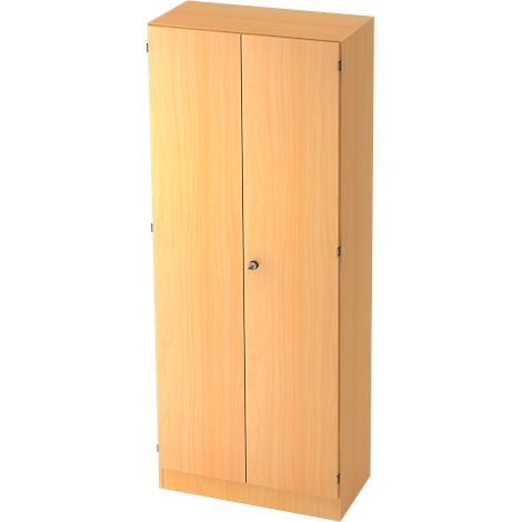 A tall cabinet made of light wood, with two doors and a small silver door handle in the middle.