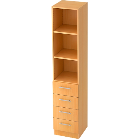 Tall, narrow cabinet in light wood with open shelves and drawers.