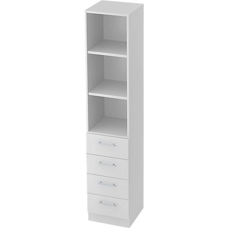 White shelf with shelves and drawers.
