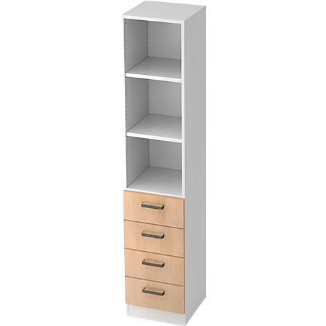 Tall white cabinet with four shelves and three light wood drawers. Black handles.
