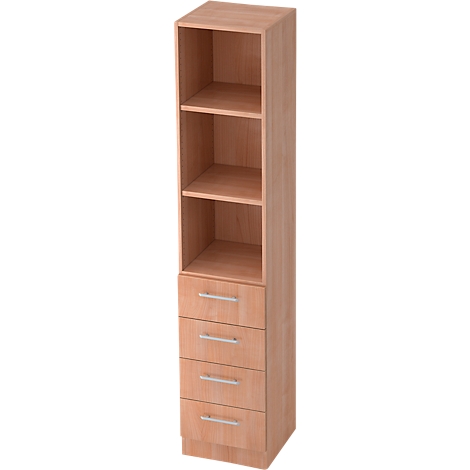 Tall, light brown cabinet with open shelving and drawers.