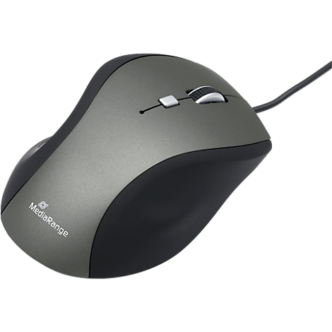 Wireless computer mouse, gray and black, with scroll wheel and logo.