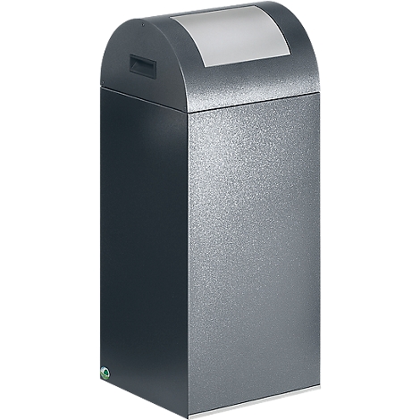 Gray rectangular trash can with rounded top, white opening at the top, handle and green button.