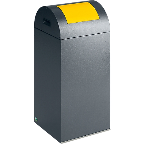 Gray, rectangular trash can with yellow lid. Top entry, rounded roof.
