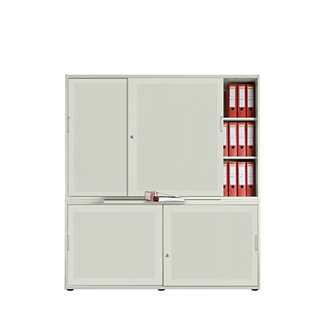 Beige office cabinet with sliding doors and red folders. Documents are on the shelf.