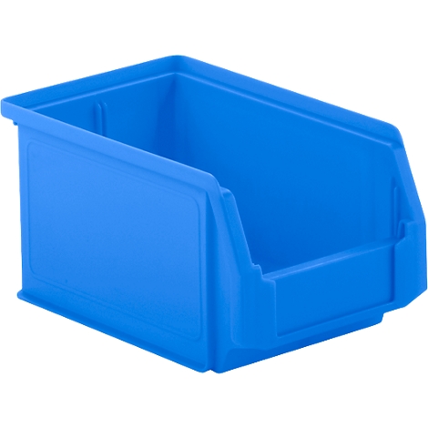 Blaue Aufbewahrungsbox mit schräger Vorderseite. Rechteckige Form mit glatter Oberfläche.