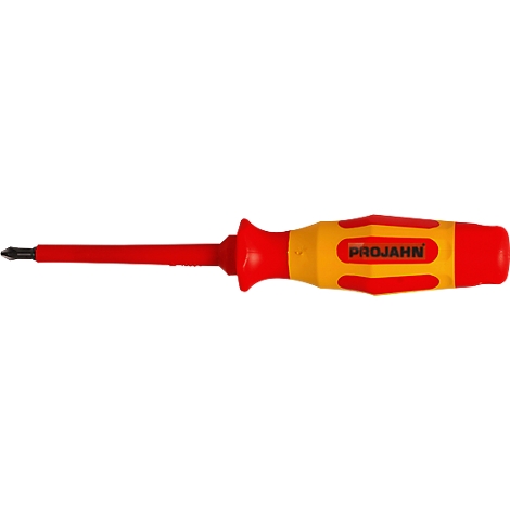 Een schroevendraaier met een rode schacht en een geel en rood handvat. Het handvat heeft het opschrift PROJAHN.