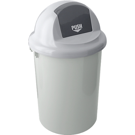 White trash can with gray lid. The lid says "PUSH" with an arrow.