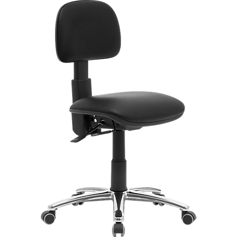 Black office chair with backrest, seat and chrome-plated base.