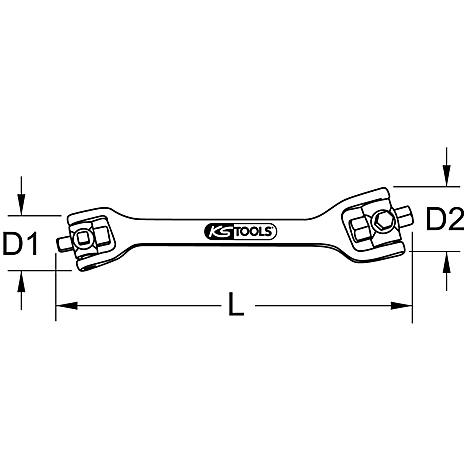 Zweifach-Schlüssel, schwarz-weiß. Mit KS TOOLS Logo, D1, D2 und L beschriftet.