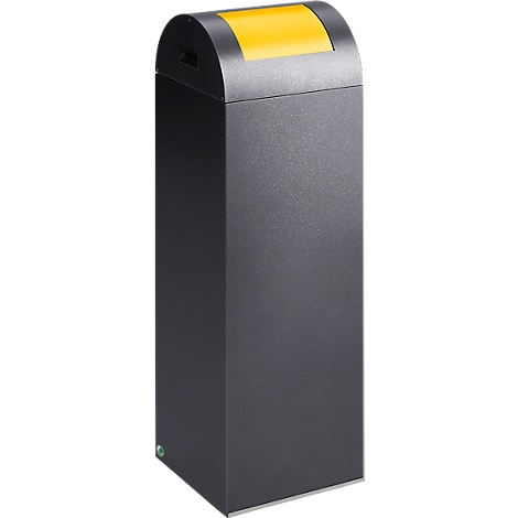 Black waste container with a yellow lid. Rounded top and simple design.