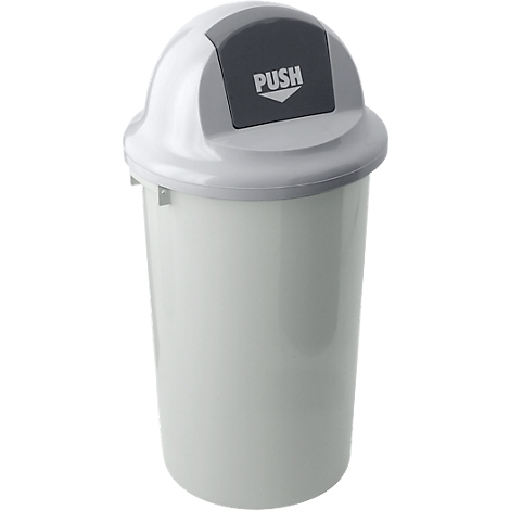 White trash can with gray lid and the word "PUSH".
