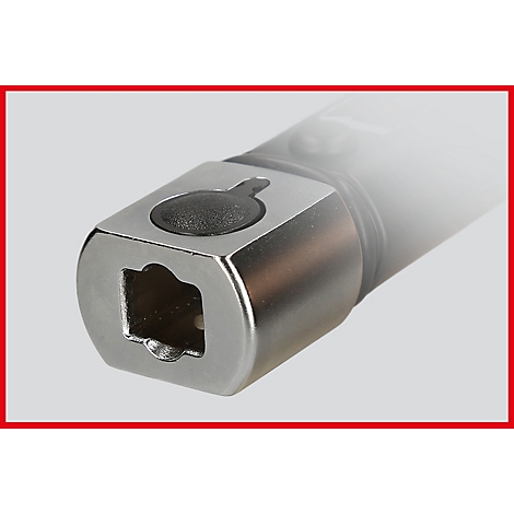 Nahaufnahme eines Werkzeugs mit quadratischer Aufnahme. Der Kopf ist silberfarben, mit einem schwarzen Knopf. Roter Rahmen.