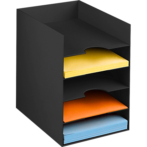 Black letter tray with four compartments. In the compartments are yellow, orange and blue sheets.
