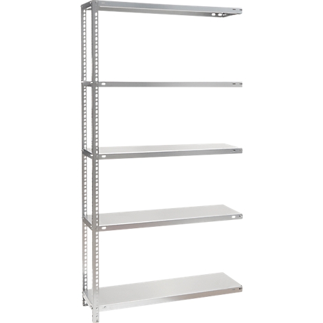 Metalen stellingkast met vijf niveaus, zilverkleurig. De zijkanten zijn geperforeerd met gaten. De plank staat tegen een witte achtergrond.