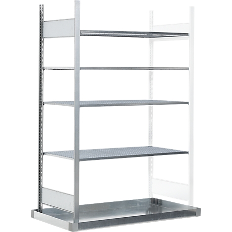 Een leeg metalen schap met meerdere niveaus tegen een witte achtergrond.